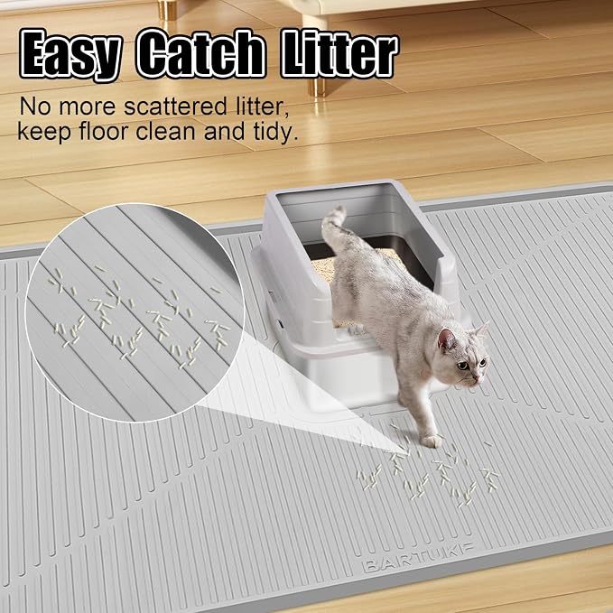 Silicone Cat Litter Mat 45" x 30" Cat Mat for Litter Box, Light Grey | Extra Large Cat Litter Trapping Mat for Floor, Waterproof, Non-Slip Kitty Litter Box Mat with Raised Edge, Easy to Clean - Image 5