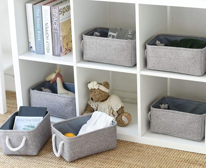 TheWarmHome Foldable Small Storage Baskets with Strong Cotton Rope Handles [6-Pack] Gray Collapsible Storage Bins Set Works Room Storage, Nursery Baskets - Image 7