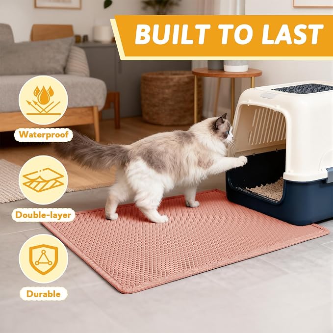 Pieviev Litter Mat, Double-Layer Waterproof Design, 30" x 24" Coral Red | Honeycomb Litter Trapping Mat Captures Scattered Particles to Stop Tracking, Waterproof Base Protects Floors, Easy to Clean - Image 7