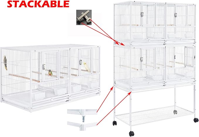 Combo Sturdy Wrought Iron Breeding Double Stacker Center Divided Breeder Bird Flight Double Rolling Cage with Side Breeding Nest Box Doors Lockable Rolling Wheels - Image 3