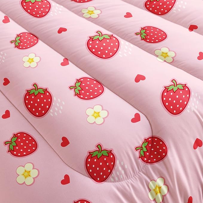 Nttopship Cute Strawberry Comforter Sets, Queen Size Kids Bedding Sets with Cute Strawberries and Flowers Pattern, All Season Comforter and 2 Pillowcases - Image 6