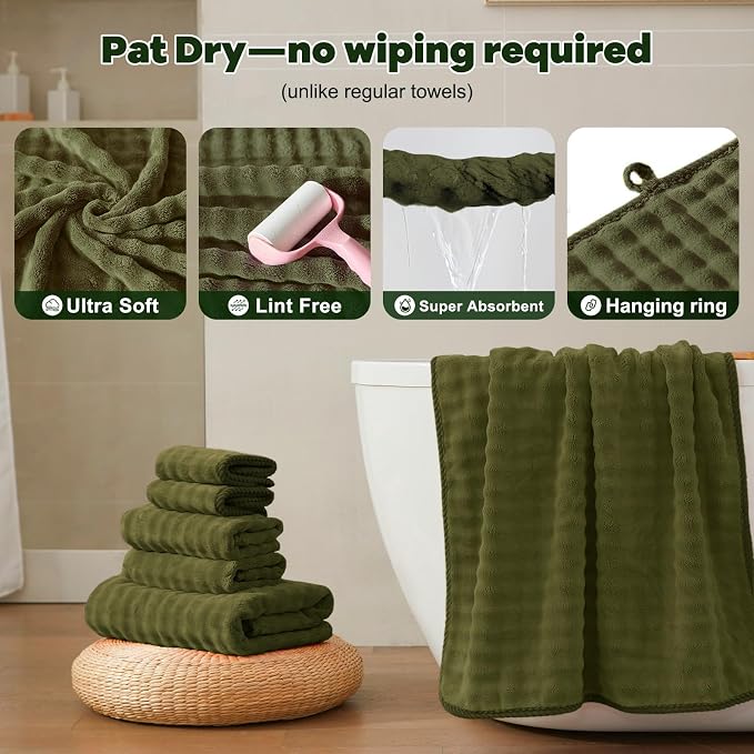 COZYART Lint Free 8 Pcs Bathroom Towels Set Ultra Soft Microfiber Fluffy | Thick, Highly Absorbent, Fast Dry, No Shedding, No Pilling, Fade Resistant, Durable, Long-lasting Olive Green - Image 7