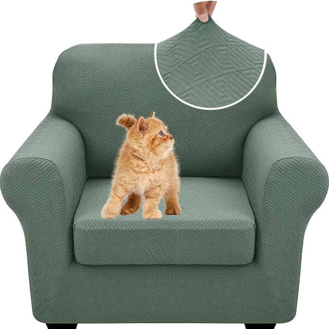XINEAGE New 2 Pieces Chair Covers with Arms Super Stretch Chair Slipcover for Living Room Pet Dog Universal Slip Cover Anti Slip Armchair Furniture Protector (Pea Green), 31"-46"(1 Cushion) by XINEAGE
