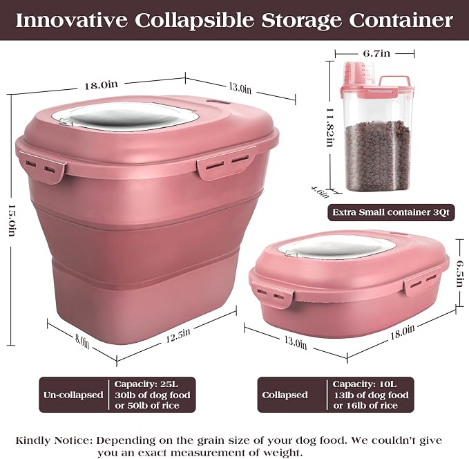 TIOVERY Dog Food Storage Container, Airtight Collapsible 13lb to 30lb Pet Food Container with Flip Top, Rolling Wheel, Scoop and a small container for Dog Cat Food and Dry Food of Rice, Flour - Image 2