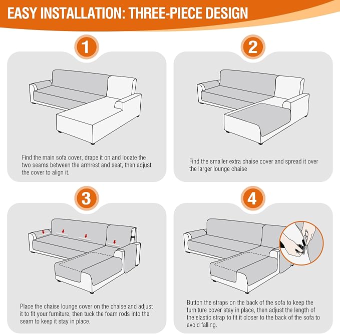 VANSOFY Sectional Couch Covers 100% Waterproof L Shaped Sofa Slipcover 3pcs Reversible Chaise Lounge Cover for Sectional Sofa Furniture Protector Cover for Pets Cat Dog(Small, Light Gray) - Image 4