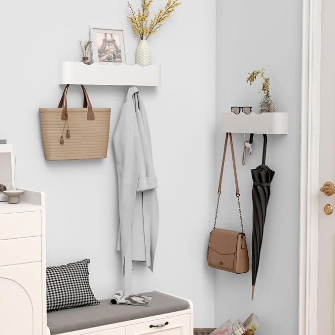 Coat Rack Wall Mount with Hidden Hooks, Wall Hooks with Shelf, Wall Key Holder Mount Wooden Shelf Entryway Hooks for Bedroom Bathroom for Hanging Coats Hats Bags Towels (White Wave-Shape, 5 Hooks) - Image 5
