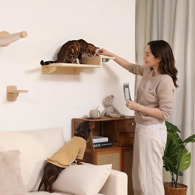 FUKUMARU Cat Wall Shelves, Food Station with 2 Steps | 3 in 1 Cats Walls Furniture Set, Birch Plywood Perch, Suitable for Kitten Play, Nap, Eat, DIY Wall Jungle Gym - Image 5