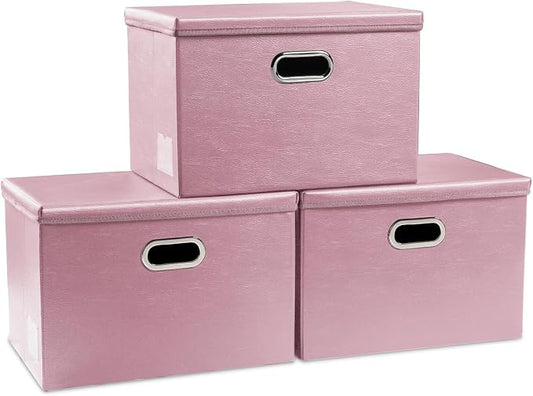 PRANDOM Large Stackable Storage Bins with Lids [3-Pack] Leather Fabric Foldable Storage Boxes Organizer Containers Baskets Cube with Cover for Bedroom Closet Office Nursery Pink (17.7x11.8x11.8) by Prandom