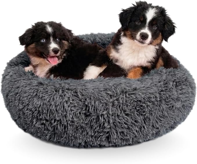 Active Pets Premium Medium Donut Dog Bed, Fits Up to 45 lbs, Machine Washable Cushion, Plush Long Pile Faux Fur Fabric, Portable Dark Gray Pet Bed Furniture for Puppies Adult Canines & Cats by ActivePets