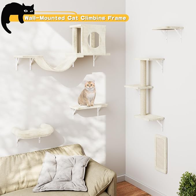 12-in-1 Cat Wall Shelves, Luxury Wall-Mounted Cat Climber Set | with Condos House, Scratching Post, Bridge Ladder, Indoor Space-Saving Furniture for Kittens, Beige - Image 6