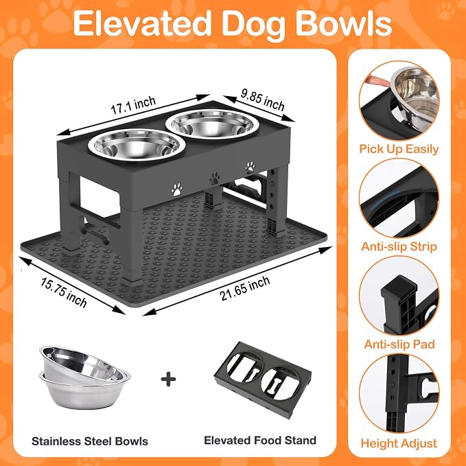 LAKIPETN Elevated Dog Bowls with Mat, Raised Dog Food Bowl Stand with 2 Stainless Steel Bowls, 5 Height Adjustable (3.1", 9", 10", 11", 12") Non-Slip Feeder Set for Medium and Large Dogs – Black - Image 3