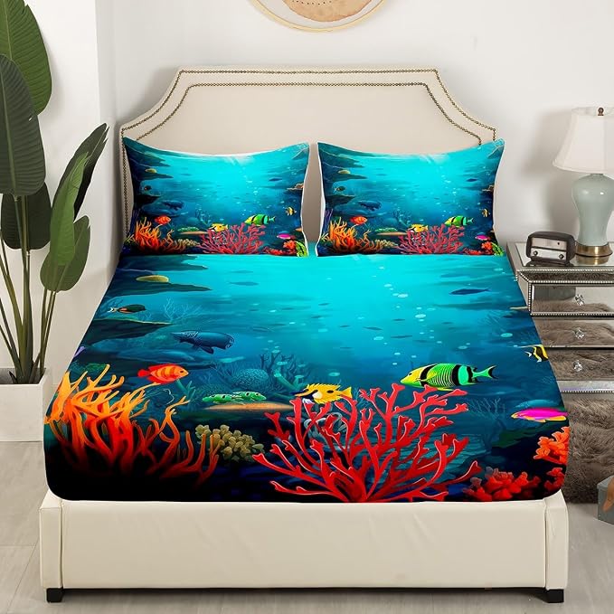 Underwater World Bedding Set,3D Sea Turtle Tropical Fish Coral Bed Sheet Set for Kids Boys Girls Adults,Sealife Ocean Creature Fitted Sheet,Aquatic Animal Flat Sheet 4Pcs Soft Sheet Set,Queen Size - Image 3