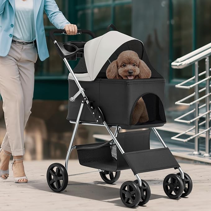 Magshion Foldable Pet Stroller, 3-in-1 Dog Travel Jogger with Detachable Carrier, Cup Holder, Storage Basket, Folding Carrier for Small/Medium Dogs & Cats Up to 33 lbs, Black