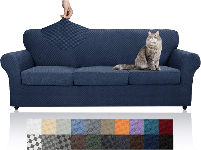 YEMYHOM Latest Checkered 4 Pieces Couch Covers for 3 Cushion Couch High Stretch Thickened Sofa Cover for Dogs Pets Elastic Slipcovers Living Room Furniture Protector (Navy), 71"-91"(3 Cushions) - Image 8