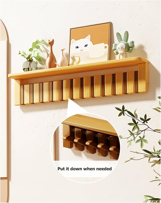 Wall Mounted Coat RackHooks Piano Key Hangers Natural Solid Wood Hanger Non-Woven Fabric Clothes Hangers for Closet, Kitchen, Bedroom, Bathroom, Entryway (Tray-Walnut, 6 Hooks) - Image 8