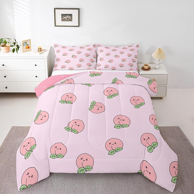 Erosebridal Peach Comforter Set Queen for Girls Women Kids Cute Cartoon Red Fruit Printed Reversible Bedding Set Kawaii Decor Soft Warm Quilt Duvet Set Pink Nature Plant Comforter - Image 2