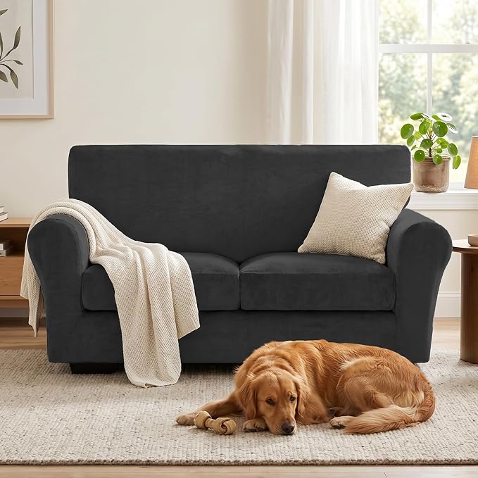 XINEAGE 3-Piece Velvet Loveseat Sofa Cover, Couch Covers for Dog,Black | 2 Cushion Loveseat,Stretch Non-slip Elastic, Pet-friendly, Washable, Fast Setup, Soft Plush Fabric, Furniture Protector. - Image 4