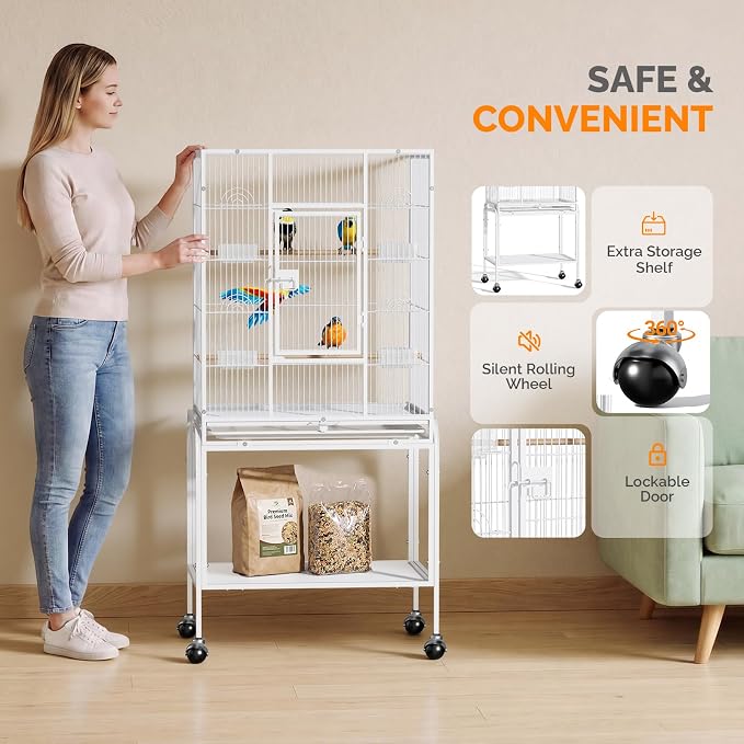 VINGLI 53-inch Bird Cage with Wheels, Durable Wrought Iron Parakeet Cage with Slide Out Tray, Black Bird Cages for Parakeets/Lovebird/Cockatiels/Budgies and Other Small/Medium Birds (White, 53 inch) - Image 6