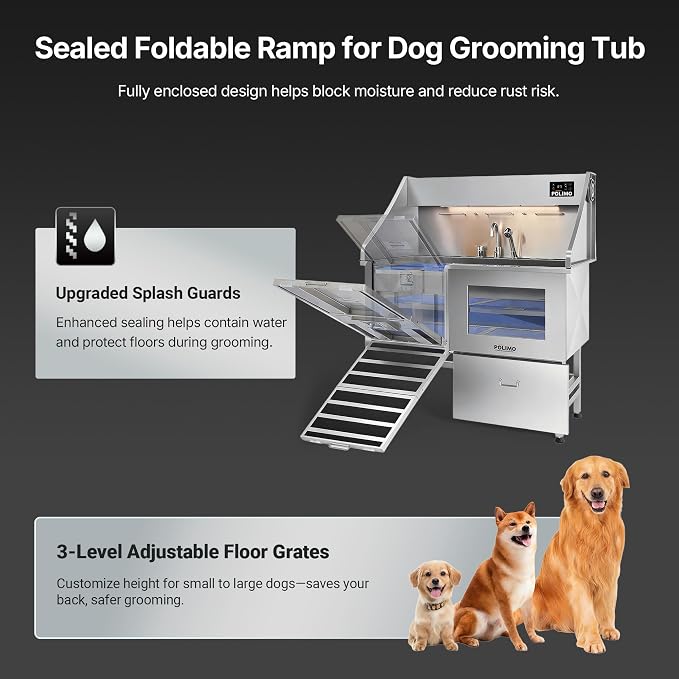 POLIMO Dog Washing Station with Built-in Pet Dryer and LED Display 50" (Left Ramp), 304 Stainless Steel Dog Bathtub for Large Medium Small Dogs, Wash and Dry Grooming Tub with Faucet, Storage Drawer - Image 5