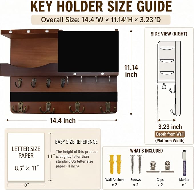 Key Holder for Wall Mount with Shelf and Mail Organizer, Key and Mail Holder with 16 Hooks, Farmhouse Entryway Organizer, Home Decor Rack(Pine Wood, Brown) - Image 2
