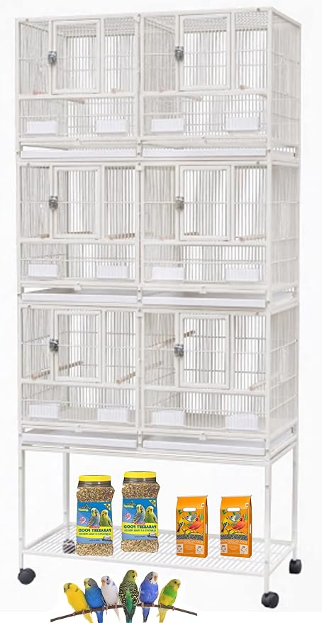 Single/Double/Triple Stackable Center Divided Breeder Breeding Bird Flight Double Rolling Cage for Aviaries Canaries Cockatiels Lovebirds Finches Budgies Small Parrots (White, Triple) by Mcage