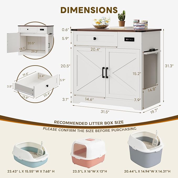 LIKIMIO 31.5" Cat Litter Box Enclosure with LED Odor Control | LED odor-control system under 30dB. Hinged cat entrance. Storage drawer. 31.5"L x 19.7"W x 31.3"H. - Image 2