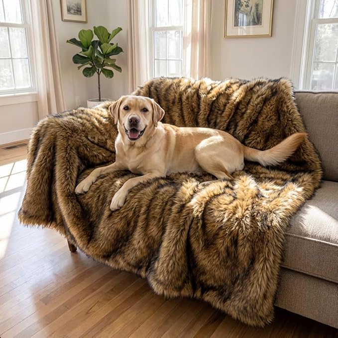 IHAPPYDOG Faux Fur Dog Blanket, Waterproof Couch Cover, Brown 80"x60" | Plush Sheepskin Style Pet Throw for Sofa, Bed, and Car, Washable Furniture Cover that Protects From Fur and Spills by iHappyDog