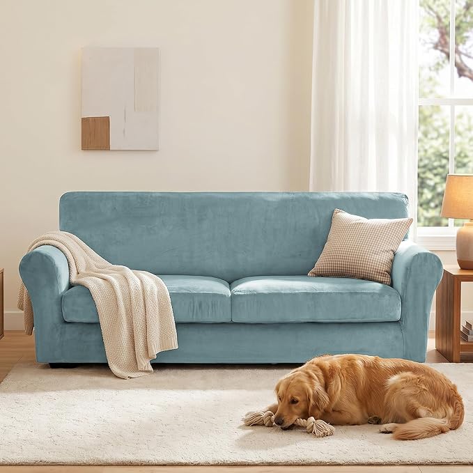 XINEAGE 3-Piece Velvet Sofa Cover,Couch Covers for Dog,Gray Blue | 2 Cushion Sofa,Stretch Non-slip Elastic, Pet-friendly, Washable, Fast Setup, Soft Plush Fabric, Furniture Protector. - Image 4