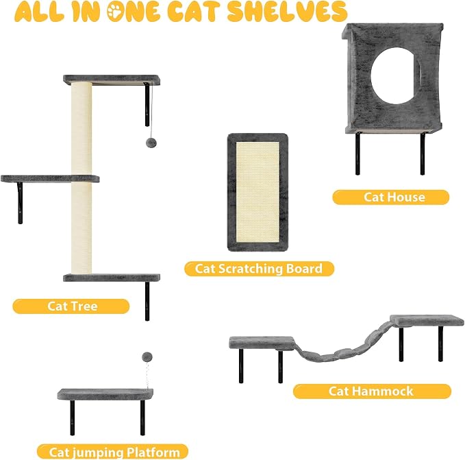 Cat Wall Shelves, 10-in-1 Wall-Mounted Cat Furniture Set | Large Cat Climber Set with House, Bridge, Steps, Scratcher, DIY Playground, Shelves for Indoor Wall Furniture Set - Grey - Image 4