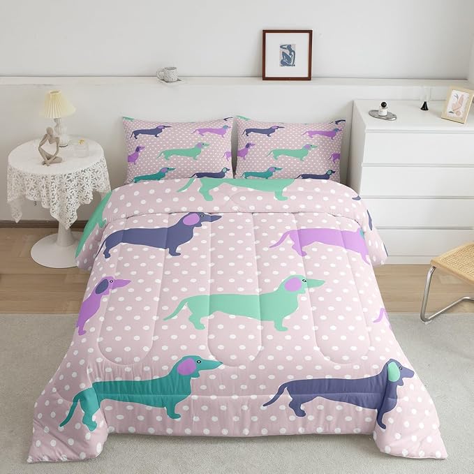Feelyou Dog Printed Comforter Dachshund Decor Bedding Bed Set for Kids Boys Girls Abstract Pet Puppies Comforter Set Polka Dots Dog Pink Quilt Collection 3Pcs King Size Boys by Feelyou