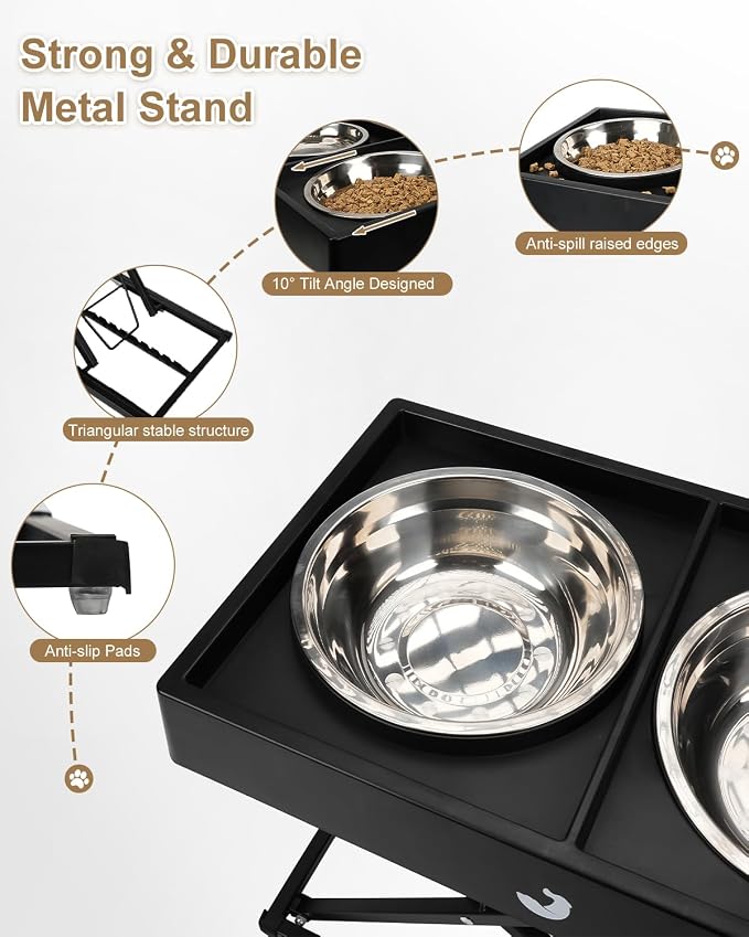 Taglory Metal Elevated Dog Bowls Stand for Large Breeds, 9 Height-Adjustable Raised Dog Bowl with 2 Stainless Steel Bowls(6 Cup), Anti-Slip Pads, 9" to 17.5", Black - Image 3