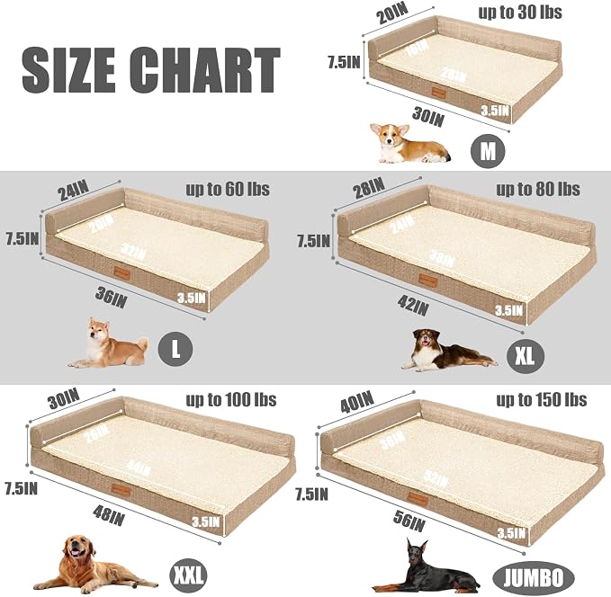 Patas Lague Orthopedic Extra Large Dog Bed Pet Sofa Beds 56''X40''Beige | L Bolster Egg-Crate Foam Dog Couch For Large Sized Dogs, Waterproof Removable Washable Cover, Pet Mat with Nonskid Bottom - Image 6