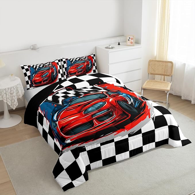 Erosebridal Racing Car Comforter Set, Dirt Bike Down Comforter,Cartoon Race Car Competition Extreme Sports Game Duvet Set for Kids Boys Teens Men, Red Automobile Quilted Duvet Decor 3 Pcs Queen Size - Image 3