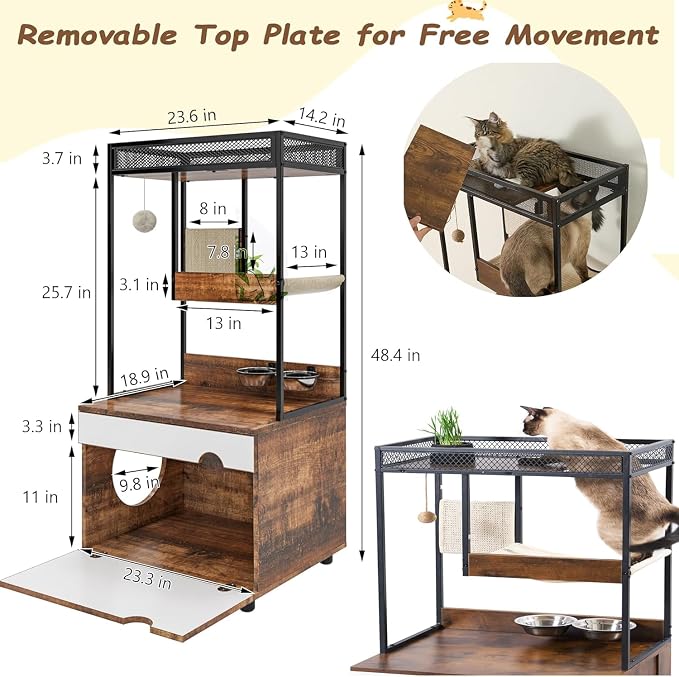 Cat Litter Box Furniture Enclosure with Shelve and Scratching Pad, Hidden Litter Box Furniture Pet Cabinet with Cat Feeding Station, 48.4 Inch Wooden Kitty Washroom Furniture, Cat Tree House,Cat Tower - Image 13