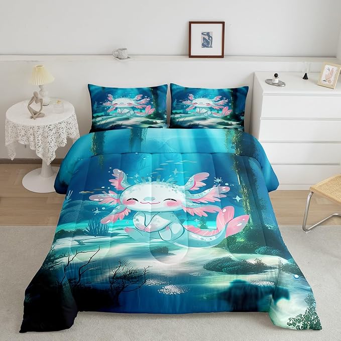 Manfei Cartoon Axolotl Comforter Set,Kawaii Ocean Animal Marine Life Bedding Set Kids Teens Modern Decor,Undersea Coral Plants Watercolor Teal Comforter with 1 Pillowcase for All Seasons,Twin by Manfei