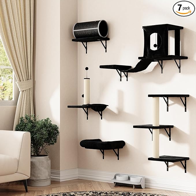 7-in-1 Cat Wall Shelves, Wall Mounted Climber Set | Cat Furniture with House, Tunnel, Bridge, Steps, Scratcher, Hammock, Shelves for Indoor, Black by NUNULAB