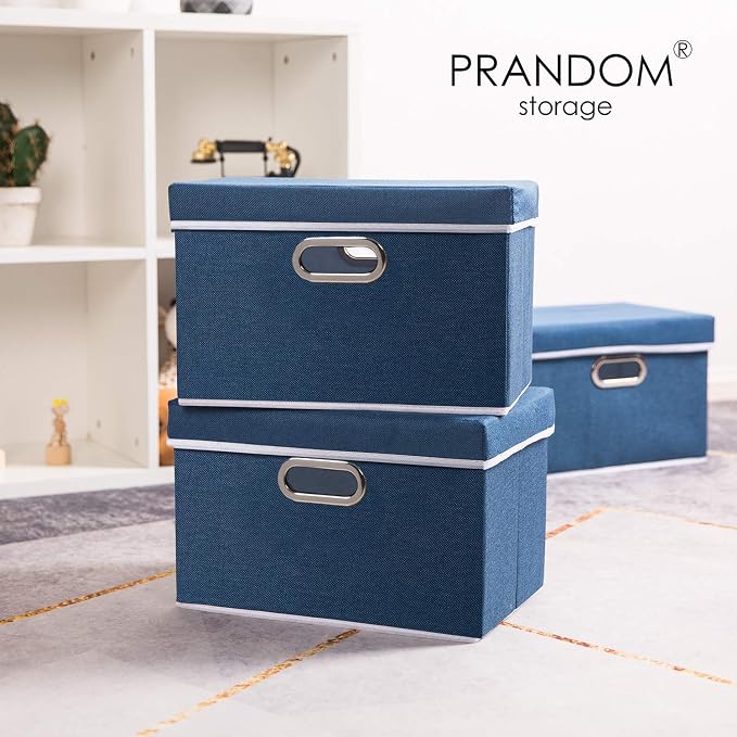 PRANDOM Collapsible Storage Bin with Lid [3-Pack] Fabric Foldable Storage Box Organizer Container Basket Cube with Cover for Home Bedroom Closet Office Nursery Royal Blue(14.9x9.8x9.8) - Image 2