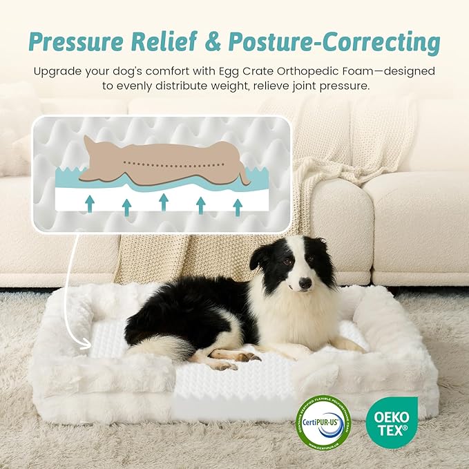 COZY KISS Orthopedic Dog Bed for Extra Large Dog, Soft and Warm Faux Fur Sofa for Giant Pet Up to 150 lbs, Foam Bolster Anti-Slip Couch with Washable Removable Cover, XXL 48x35x8 inch, Beige - Image 2