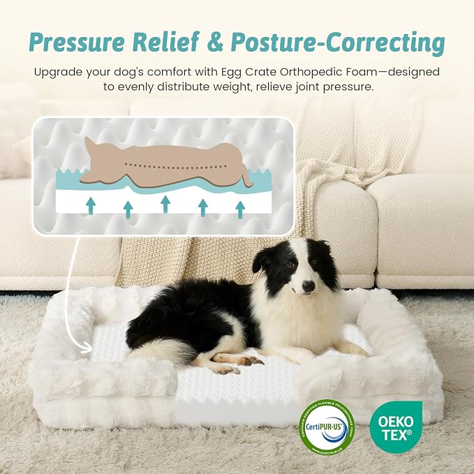 COZY KISS Orthopedic Dog Bed for Extra Large Dog 44x32 inch, XL Faux Fur Pet Sofa, Bolster Foam Bed with Sides, Non-Slip and Egg-Crate Big Dog Couch Bed with Washable Removable Cover, Beige - Image 3