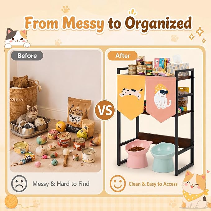 Geelin Cat Feeding Station with Storage, 3-Tier Cat Food Organizer Shelf, Elevated Feeding Area Fits Different Bowl Heights, Space Saving Pet Supply Rack with Decorative Flags(Not Include Bowls) - Image 5