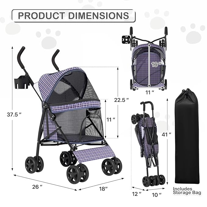 MoNiBloom 4 Wheels Pet Stroller, Easy-Fold Umbrella Shaped Dog Cat Jogger Stroller w/Storage Bag & Visible Mesh for Small/Medium Dogs Cats Plaid