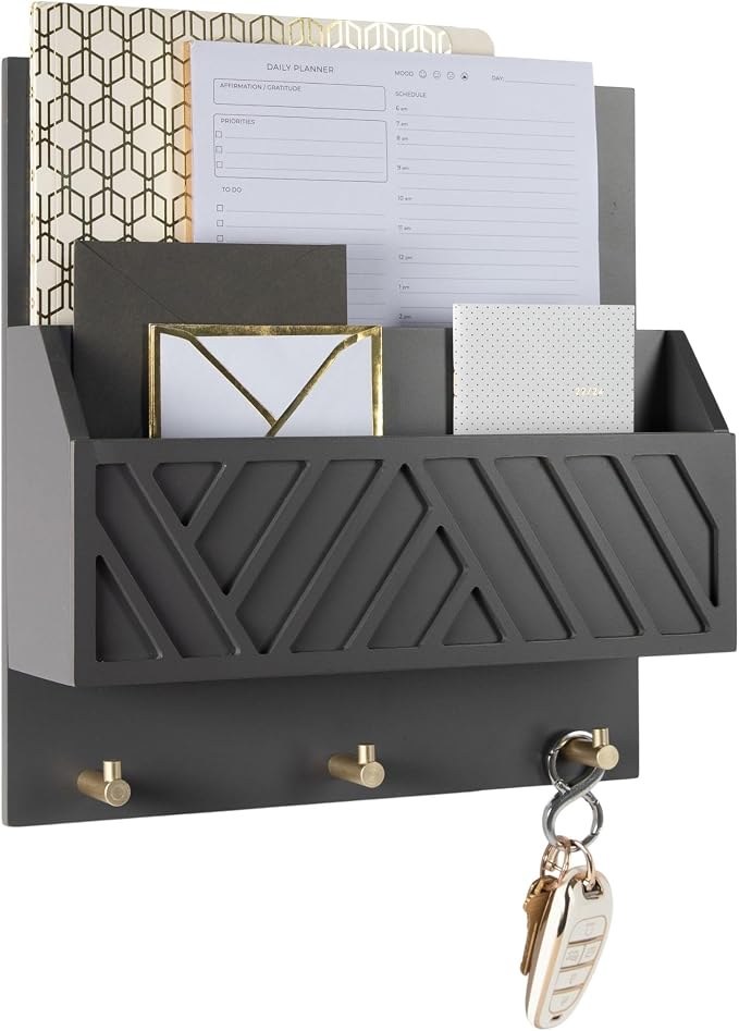 BLU MONACO | Wall-Mounted Mail and Key Holder in Grey Wood | Two-Tier Mail Organizer with Gold Hooks | Entryway Command Center for Home or Office by Blu_Monaco