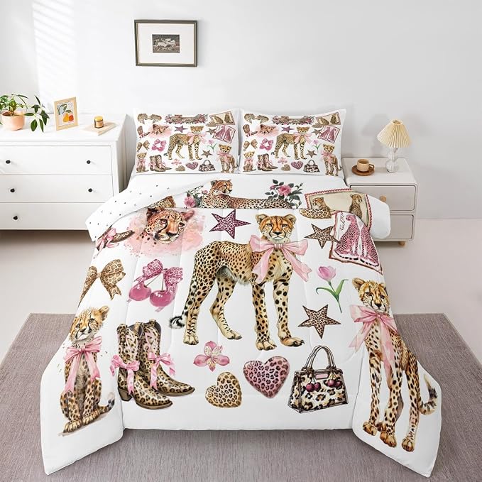 Manfei Girly Bow Cute Comforter Sets Toddler Size,Cartoon Cheetah Boots Bedding Comforter for Kids Girls Boys,Wild Animal Prints Quilt Sets for Bedroom Decor,Duvet Insert,1 Pillowcase,Pink Brown - Image 6