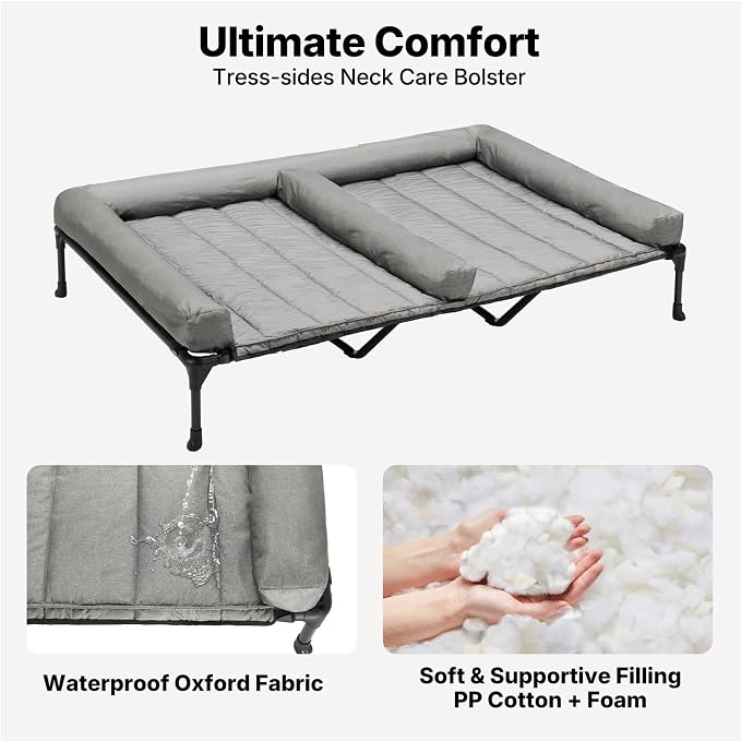 Veehoo Elevated Dog Bed for Two Dogs, Cooling Raised Dog Bed with Removable Waterproof Bolster Mat, 59" x 37.5" Double Dog Bed, Outdoor & Indoor Pet Cot with Breathable Mesh, Non-Slip Feet, Grey - Image 3