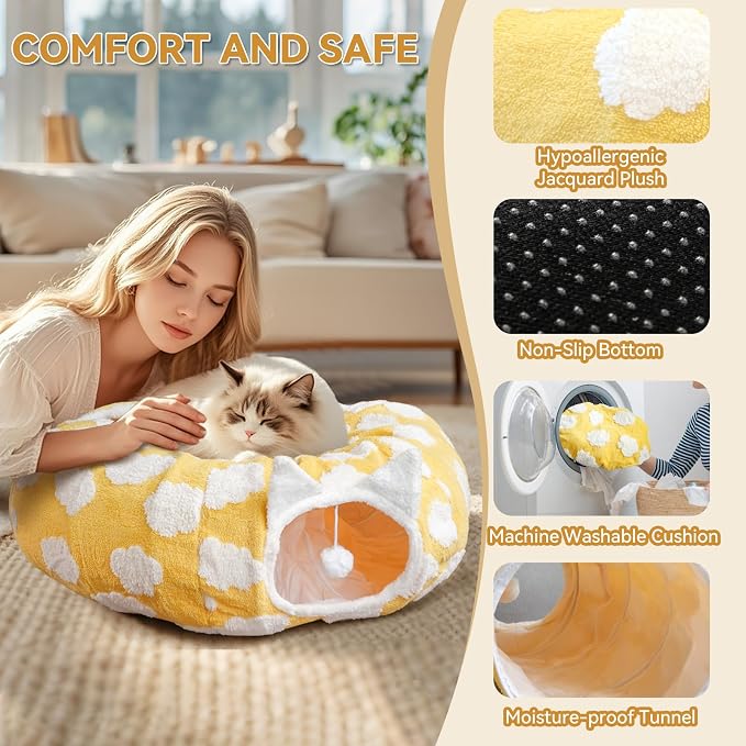 Donut Cat Tunnel Bed with 4 Peekaboo Holes, Multi-Cat Play Tube & Cozy Cave, Plush Indoor Kitten Toy Tent, Machine Washable and Collapsible - Image 5