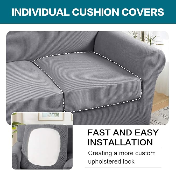 Turquoize 4 Piece Sofa Covers for 3 Cushion Couch Sofa Slipcover Soft Couch Cover for Dogs-Washable Sofa Furniture Covers with 3 Individual Large Cushion Covers (XL Sofa, Dove) - Image 5