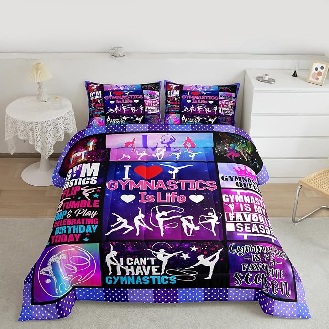 Vivid Gymnastics Lovers Girls Comforter Set Queen Size,Dance Sports Bedding 3pcs for Kids Teens Woman Room Decor,Classic Geometric Plaid Quilt Set,Purple Romantic Duvet Insert,2 Pillowcases - Image 4