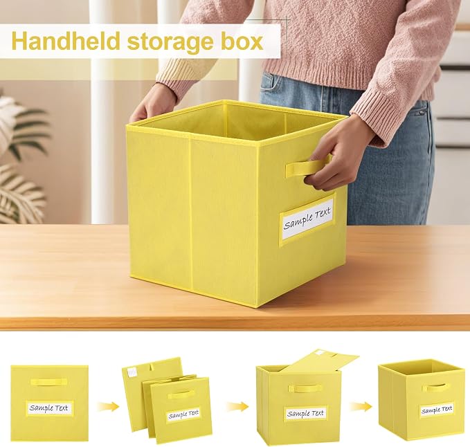 11x11 storage cube bins (Set of 10) Foldable Fabric storage cubes with 10 Labels Window Cards & a Pen,11 inch cube storage bin,Closet Organizers for Shelves,Cubby Organizer Boxes,Dark Yellow - Image 4
