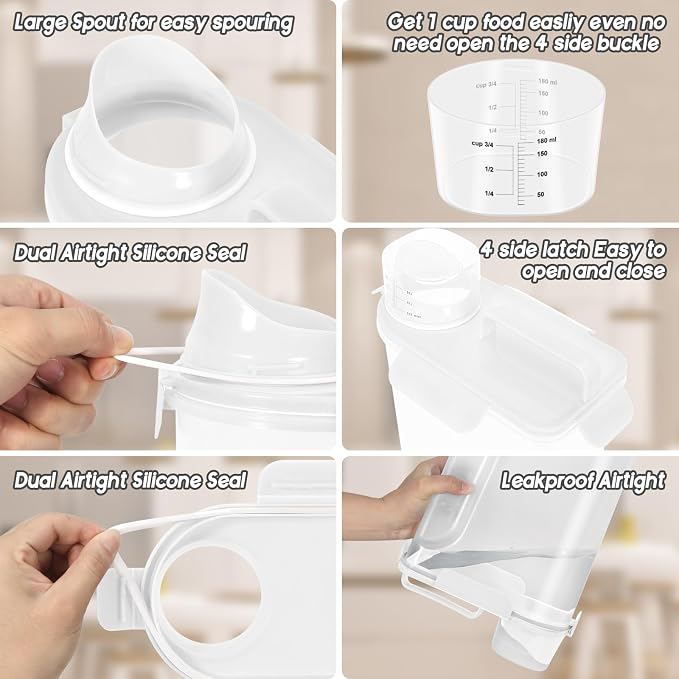 5Lbs Airtight Dog Cat Storage Container Portable with Upgraded Large Spout and Cup, Plastic Pet Food Dispenser for Small Animal Kibble, Bird Seed, Oatmeal, Rice, Flour, Brown Sugart-2 Pack Milky white - Image 2