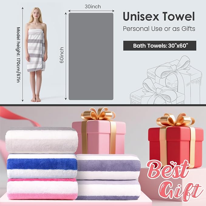 JML Bath Towels, Pack of 4, 30"x60", Large Microfiber Towel Set, Ultra Soft, Super Absorbent, Fast Drying, Perfect for Suana, Shower, Pool, Sport, Travel, Fitness, SPA,Yoga, Cabana Stripe Grey - Image 2